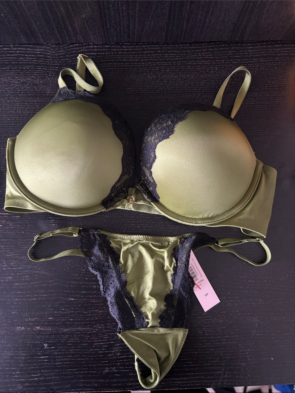 Victoria’s Secret Bombshell Olive Green Lace-Trim Push-Up Bra & Thong Set